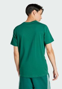 Zaļa kokvilnas T-kreklā ar apaļu kakla izgriezumu un īsām piedurknēm, ar gludu struktūru un brīvu piegriezumu, attēlota no aizmugures.