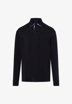 Czarna koszulka polo z długim rękawem, uszyta z miękkiego materiału, z klasycznym kołnierzykiem, zapięciem na trzy guziki oraz kontrastowym białym akcentem na kołnierzu.