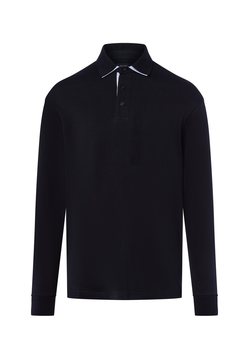 Zwarte lange mouwen polo-shirt van zachte stof, met een klassieke kraag, drie-knopen sluiting en contrasterende witte accenten op de kraag.