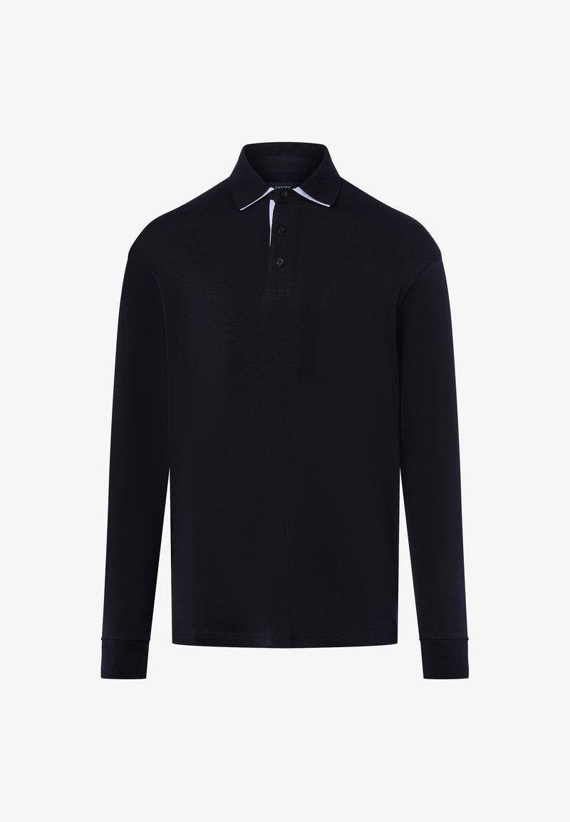 Zwarte lange mouwen polo-shirt van zachte stof, met een klassieke kraag, drie-knopen sluiting en contrasterende witte accenten op de kraag.