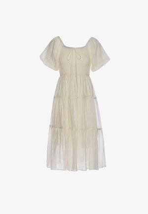 Hellbeiges Midikleid mit Puffärmeln, gerafftem quadratischem Ausschnitt, gestuftem Rock und Bindedetail an der Brust.