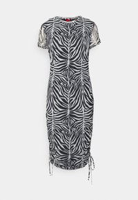 Schwarz-weißer Zebra-Print-Kleid mit kurzen Ärmeln, Rundhalsausschnitt und seitlicher Raffung. Mit Kordelzugdetails am Saum.