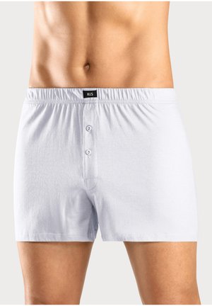 Lichtgrijze boxershorts van zachte stof met een voorknopsluiting met twee knopen en een elastische tailleband met een zwart logo label.