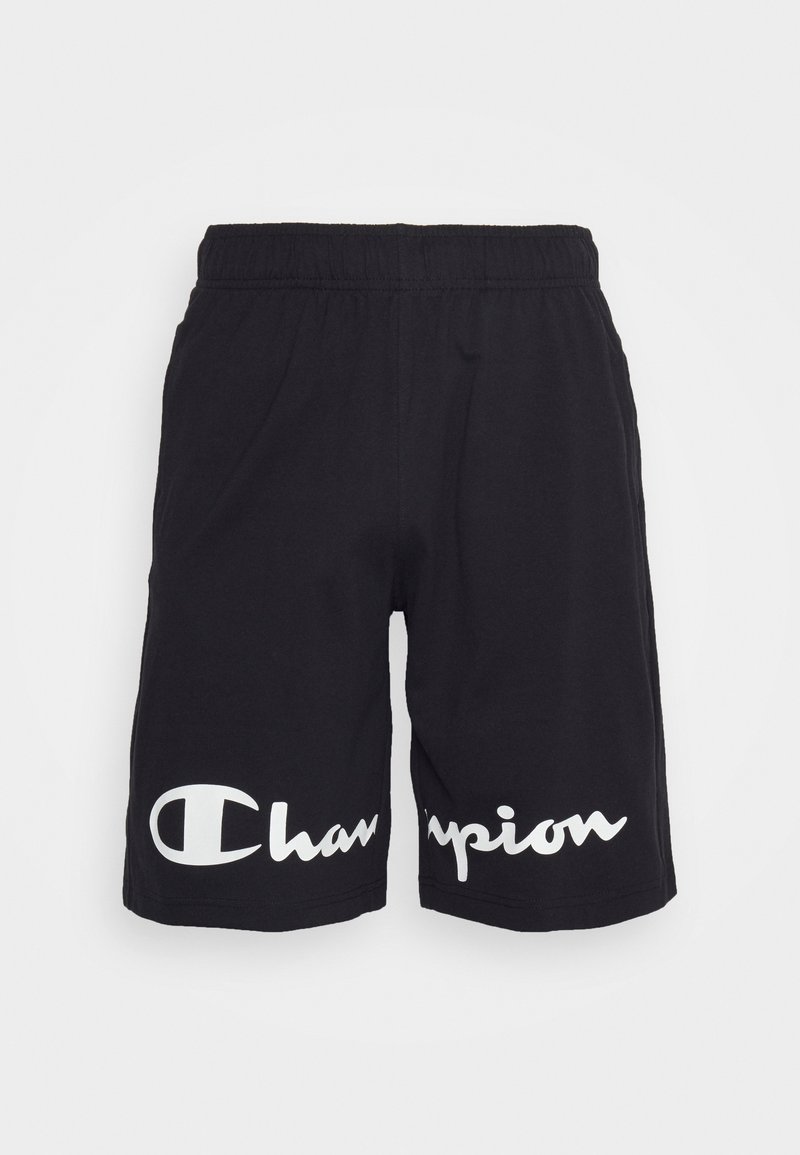 Svarta bomullsshorts med elastisk midja. Har en stor vit "Champion"-logotyp på vänster sida. Mjuk, avslappnad design.