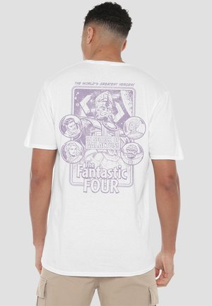 White cotton t-shirt featuring a purple graphic on the back with comic book characters, including Galactus and “The Fantastic Four” title.