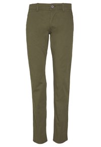 Olivgrön, slim-fit byxor i bomull. Har en knappstängning, bältenöppningar och standardfickor för praktisk användning.