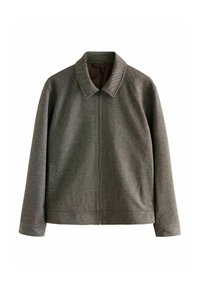 Chaqueta gris con un patrón, cuello con solapa, cierre frontal de cremallera, dos bolsillos laterales y mangas largas, hecha de una tela texturizada.
