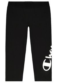 Czarne legginsy wykonane z elastycznej tkaniny, z szerokim pasem w talii i dużym białym logo na dolnej części lewej nogawki.