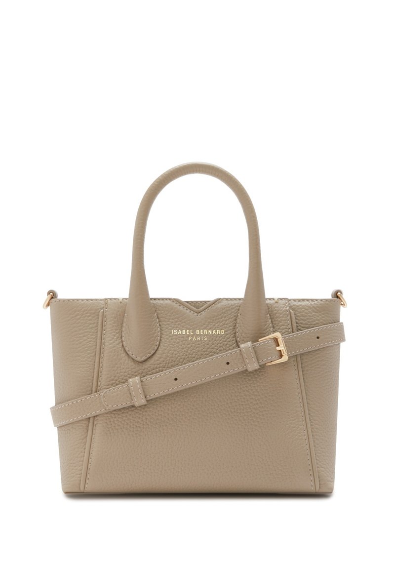 Beige Lederhandtasche mit strukturiertem Finish, zwei kurzen Griffen, einem abnehmbaren Schulterriemen und goldenen Hardware-Details. Mit Logo auf der Vorderseite.