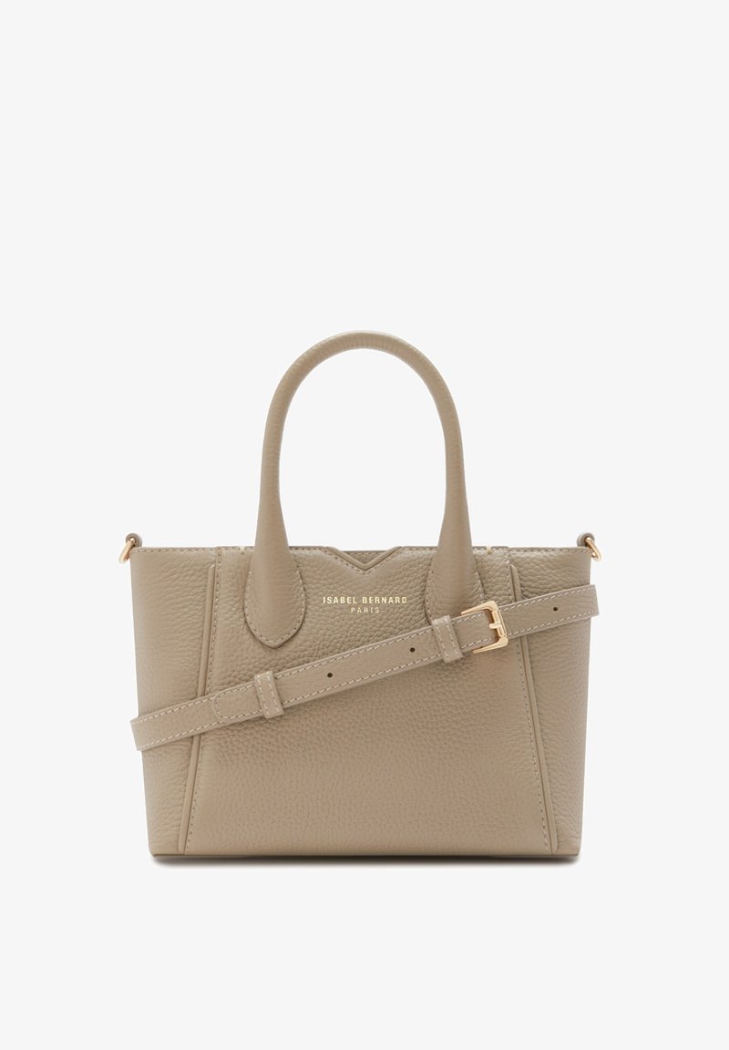 Beige leather handbag with textured finish, two short handles, a detachable shoulder strap, and gold hardware accents. Features logo on front.