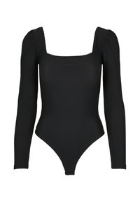 Svart ribbestrikket bodysuit med lange ermer og firkantet utringning. Har et tettsittende design og høye beinåpninger.