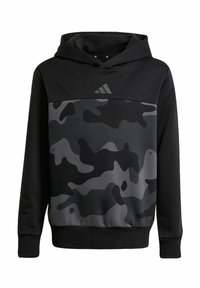 Hooded sweatshirt i svart med ett grått kamouflage-mönster på bröstet. Har en justerbar huva och ribbade ärmslut. adidas-logotyp nära nacken.