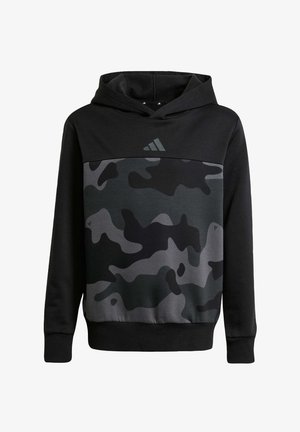Sweatshirt à capuche noir avec un motif camouflage gris sur la poitrine. Équipé d'une capuche avec cordon de serrage et de poignets côtelés. Logo adidas près du cou.