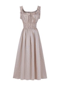 Gestreiftes Sommerkleid in Beige, Blau und Weiß. Mit elastischem Smocking an der Taille, rüschierten Trägern und einem knielangen Schnitt.