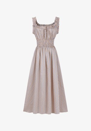 Gestreiftes Sommerkleid in Beige, Blau und Weiß. Mit elastischem Smocking an der Taille, rüschierten Trägern und einem knielangen Schnitt.