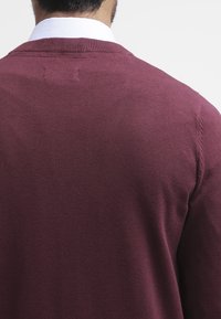 Uomo con una camicia bianca sotto un maglione con scollo a giro color bordeaux, visto da dietro su uno sfondo chiaro e semplice.