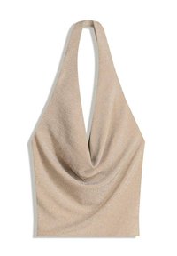 Beige halter neck top met een gedrapeerde couvneckline en een zachte, glanzende stoftextuur.