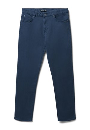 Pantalons en mélange de coton bleu marine avec une coupe droite, cinq poches et fermeture à bouton en métal à la taille. Texture lisse et lignes épurées.