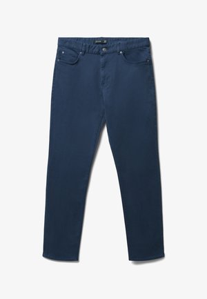 Marineblaue Baumwollmischungshose mit geradem Bein, fünf Taschen und Metallknopfverschluss in der Taille. Glatte Textur und klare Linien.