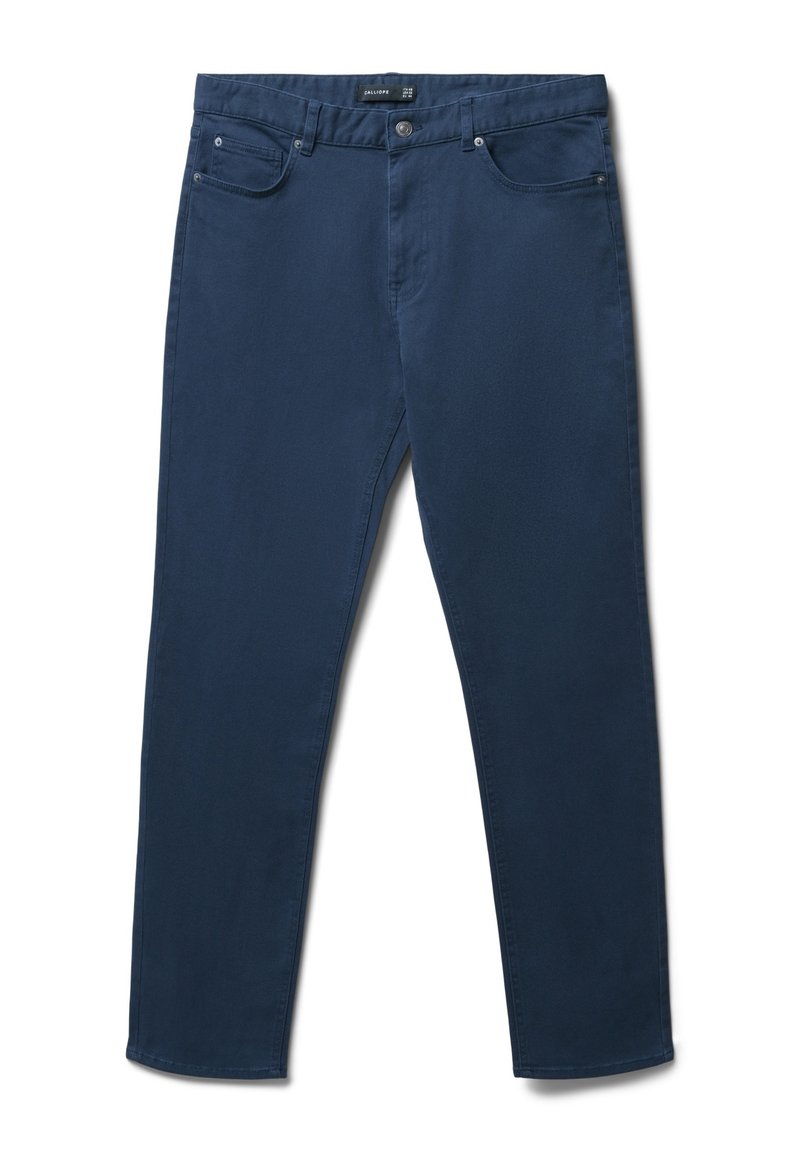 Pantaloni in misto cotone blu navy con un design a gamba dritta, cinque tasche e chiusura con bottone metallico in vita. Texture liscia e linee pulite.