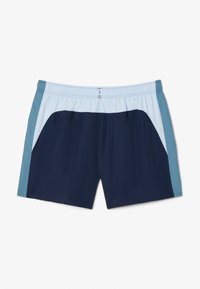 Heren zwemshorts, met een marineblauwe basis, lichtblauwe zijpanelen, elastische tailleband en een gladde stoftextuur. Casual, sportief ontwerp.