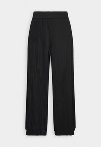 Pantalon noir à jambes larges avec une taille élastique et une texture plissée verticale, présenté à plat sur un fond blanc.