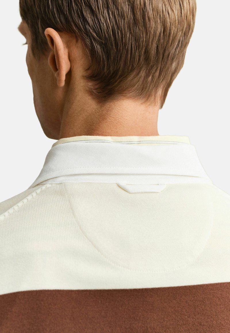 Kurze braune Haare und Nacken von hinten gesehen, trägt ein weißes und braunes Hemd mit Kragen vor einfachem Hintergrund.