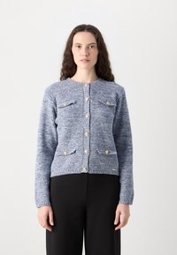Blue knitted cardigan with button closure, two front pockets, and gold-tone buttons. Features a round neckline and ribbed cuffs and hem.