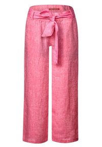 Růžové lněné kalhoty s širokými nohavicemi a zavazováním v pase, s texturovaným povrchem. Nabízí uvolněný střih a rovný lem.