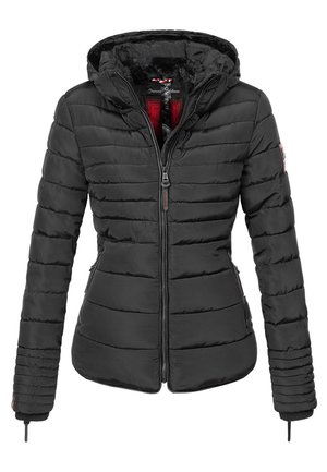 Black hooded puffer jacket, quilted design, front zipper closure, elastic cuffs, with contrasting red lining and badge detail on the sleeve.