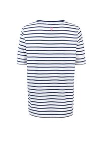 Gestreiftes T-Shirt mit rundem Ausschnitt, kurzen Ärmeln, aus weicher Baumwolle. Es hat marineblaue Streifen auf weißem Hintergrund und ein kleines pinkes Herzdetail.