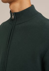 Zaļa adīta džemperis ar augstu ribotu apkakli un sudraba rāvējslēdzēju kaklā. Tekstūra izskatās gluda un viegla.