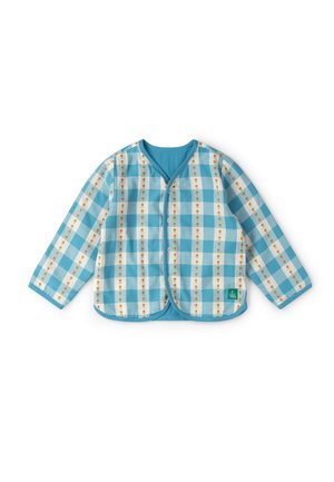 Blue and white checkered long-sleeve jacket with snap buttons and small red and yellow flower patterns on a white background.