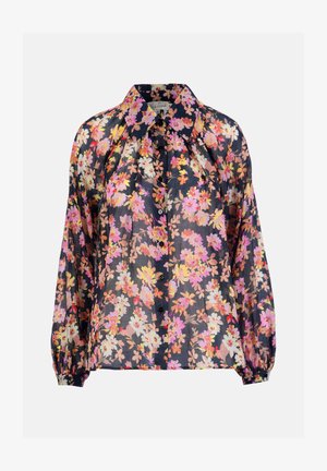 Sheer long-sleeve floral blouse with pink, orange, and white flowers on a dark background, buttoned front, and pointed collar.