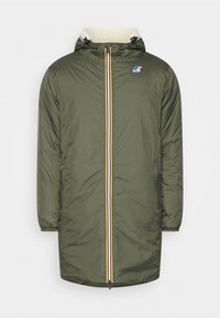 Green, long puffer coat with a hood. Features a white fleece lining, yellow and blue horizontal stripes on the front zip, and elasticated cuffs.