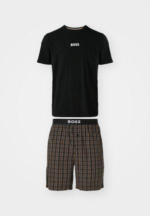 Black cotton T-shirt with white "BOSS" logo, paired with brown plaid shorts featuring an elastic waistband and white logo detail.