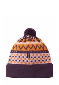 Dzianinowa czapka z fioletowym mankietem, ozdobiona wzorami w pomarańczowym, różowym i ciemnofioletowym kolorze, z pomponem na czubku. Materiał wydaje się miękki i ciepły.