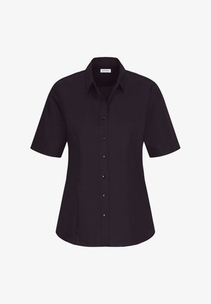 Chemise noire à manches courtes en tissu lisse, avec un devant boutonné, un col pointu et un ourlet droit.