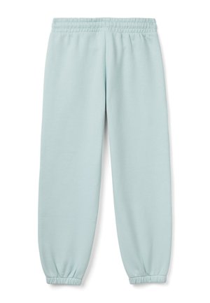 Hellblaue Sweatpants mit einem elastischen Bund und gerafften Bündchen. Hergestellt aus weichem Gewebe, mit einer glatten Textur und lockerer Passform.