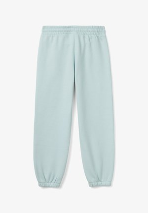 Hellblaue Sweatpants mit einem elastischen Bund und gerafften Bündchen. Hergestellt aus weichem Gewebe, mit einer glatten Textur und lockerer Passform.