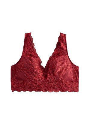 Red lace bralette with floral patterns, wide straps, and scalloped edges along the neckline and bottom band.