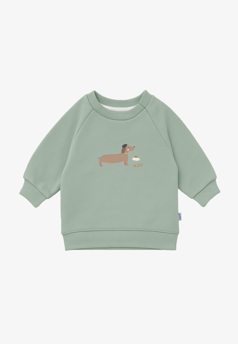 Green sweatshirt with a crew neck and raglan sleeves. Features a cartoon dachshund graphic with the text “WOOF” in a light fabric.
