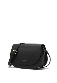 Black leather crossbody bag with a curved flap, gold hardware accents, and an adjustable strap. Features a brand logo on the front.