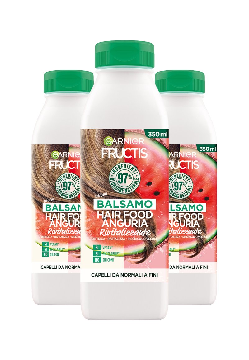 Garnier GARNIER FRUCTIS HAIR FOOD ANGURIA, BALSAMO PER CAPELLI FINI, 97% DI INGREDIENTI DI ORIGINE NATURALE, SENZA SILICONI - 3 PACK - Balsamo - trasparente