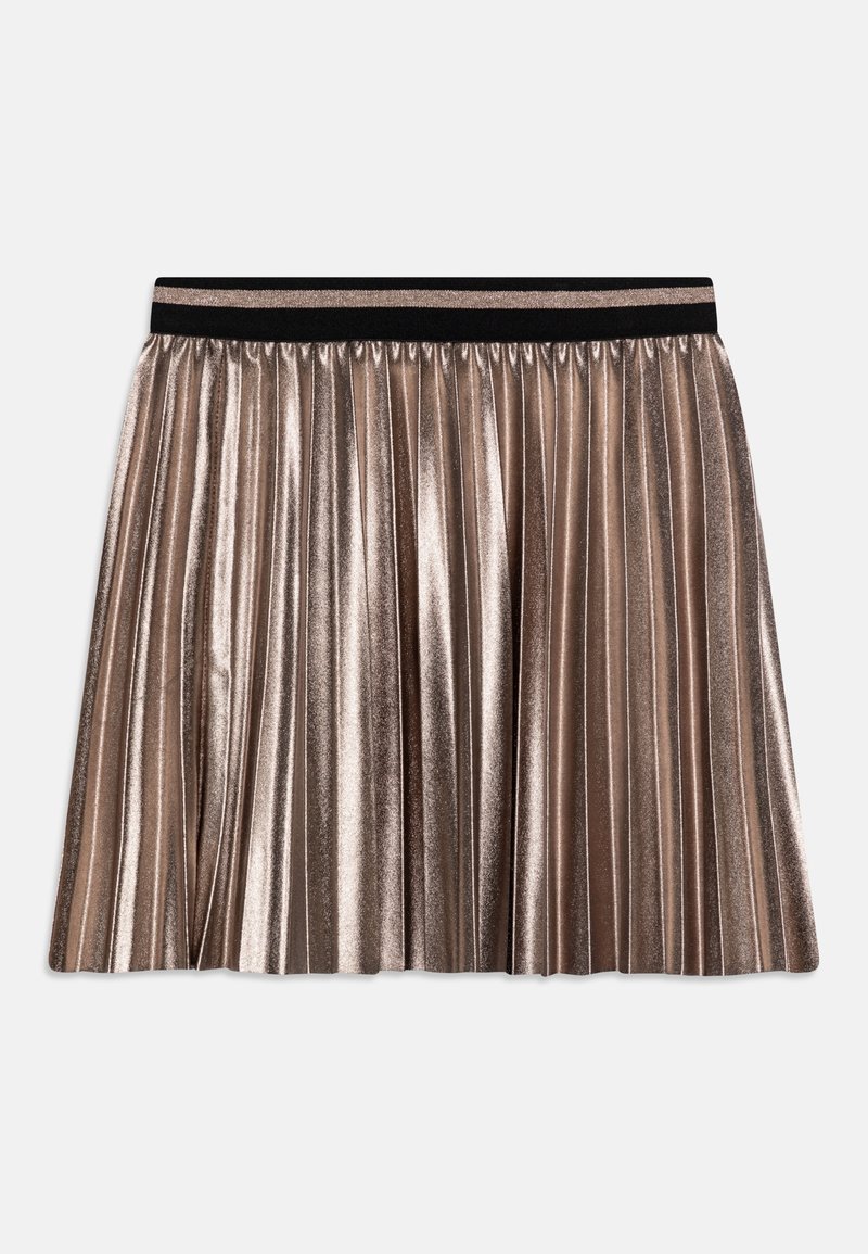 Plissé rok van metallic bronzen stof, met een zwarte elastische tailleband. De textuur is glad met een glanzende afwerking.