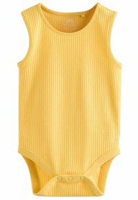 Gul ribbet baby bodystocking med ærmeløs design, rund halsudskæring og trykknapper i bunden for nem påklædning og bleskift.