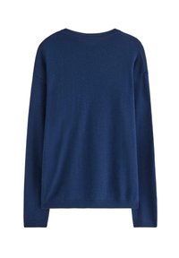 Marineblaue Langarmpullover mit Rundhalsausschnitt, weichem Material, lockerer Passform und gerippten Bündchen und Saum, ohne sichtbare Muster.