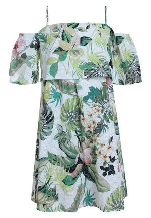 Schulterfreies Kleid mit floralem Muster aus grünen Blättern, rosa Blumen und weißer Lochstickerei. Leichter Stoff und lockere Passform.