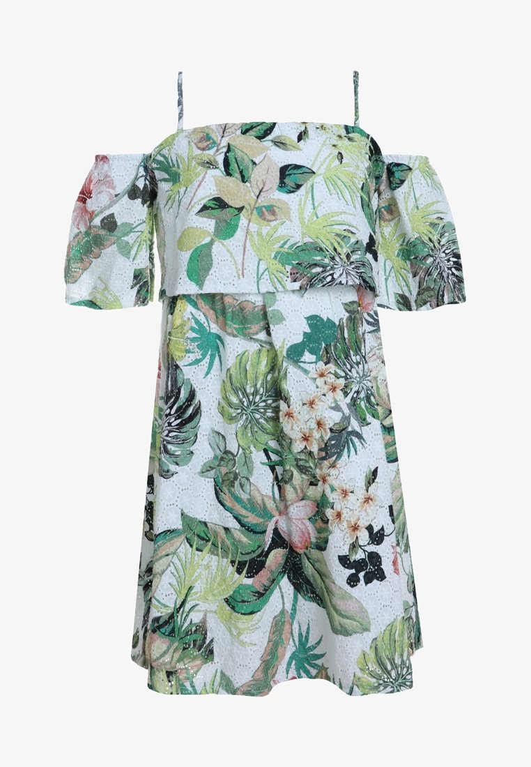 Robe bardot avec un imprimé floral comprenant des feuilles vertes, des fleurs roses et une texture œillet blanche. Tissu léger et coupe ample.