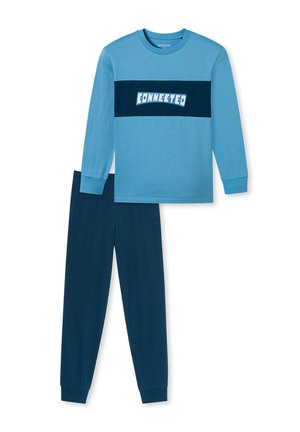 Blue long-sleeve shirt with navy stripe and "CONNECTED" text, paired with navy pants. Soft cotton material, fitted design, and ribbed cuffs.